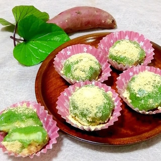 芋の葉とさつまいも餡で➡芋づくしの草餅風・薩摩芋餅